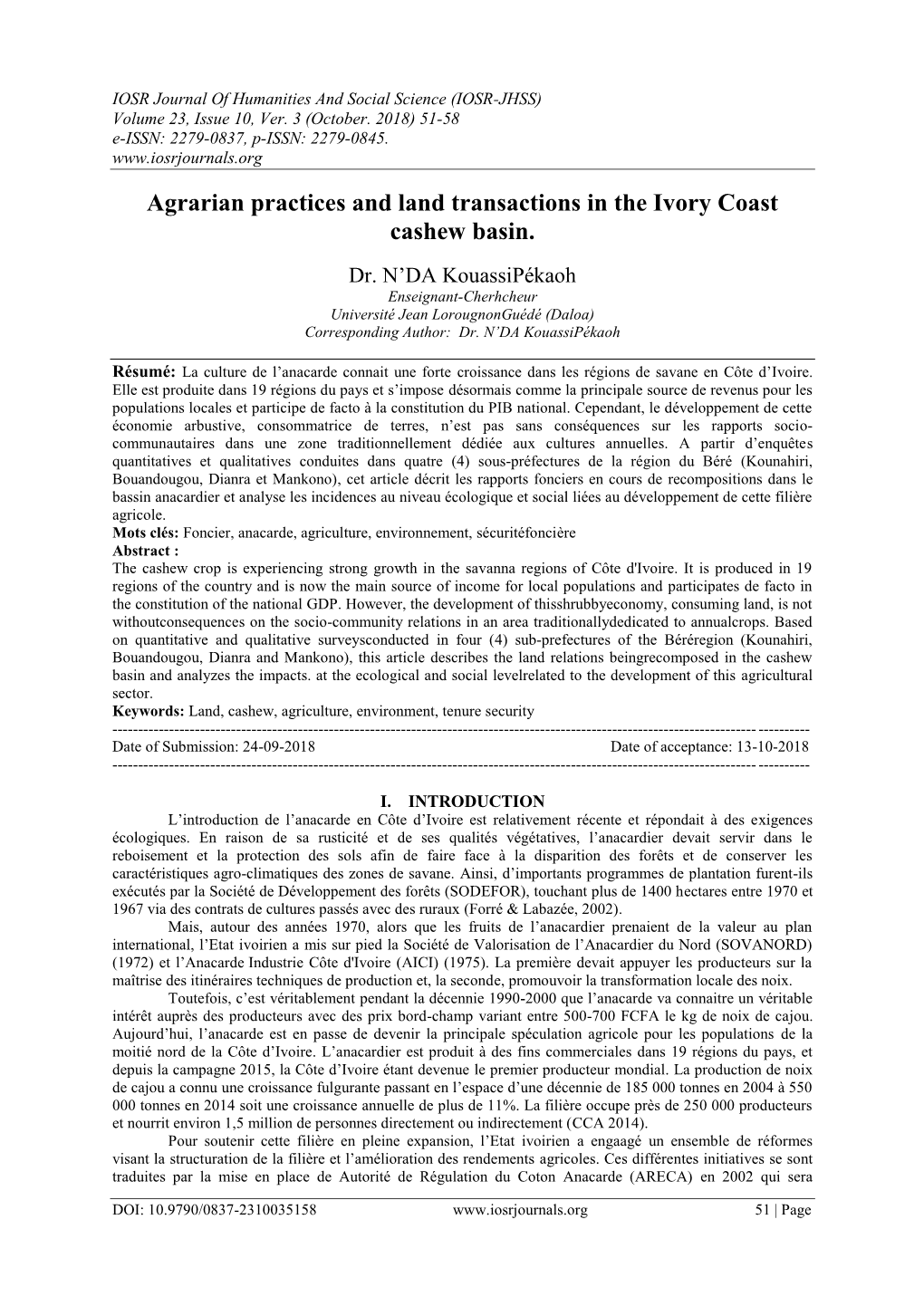 Agrarian Practices and Land Transactions in the Ivory Coast Cashew Basin