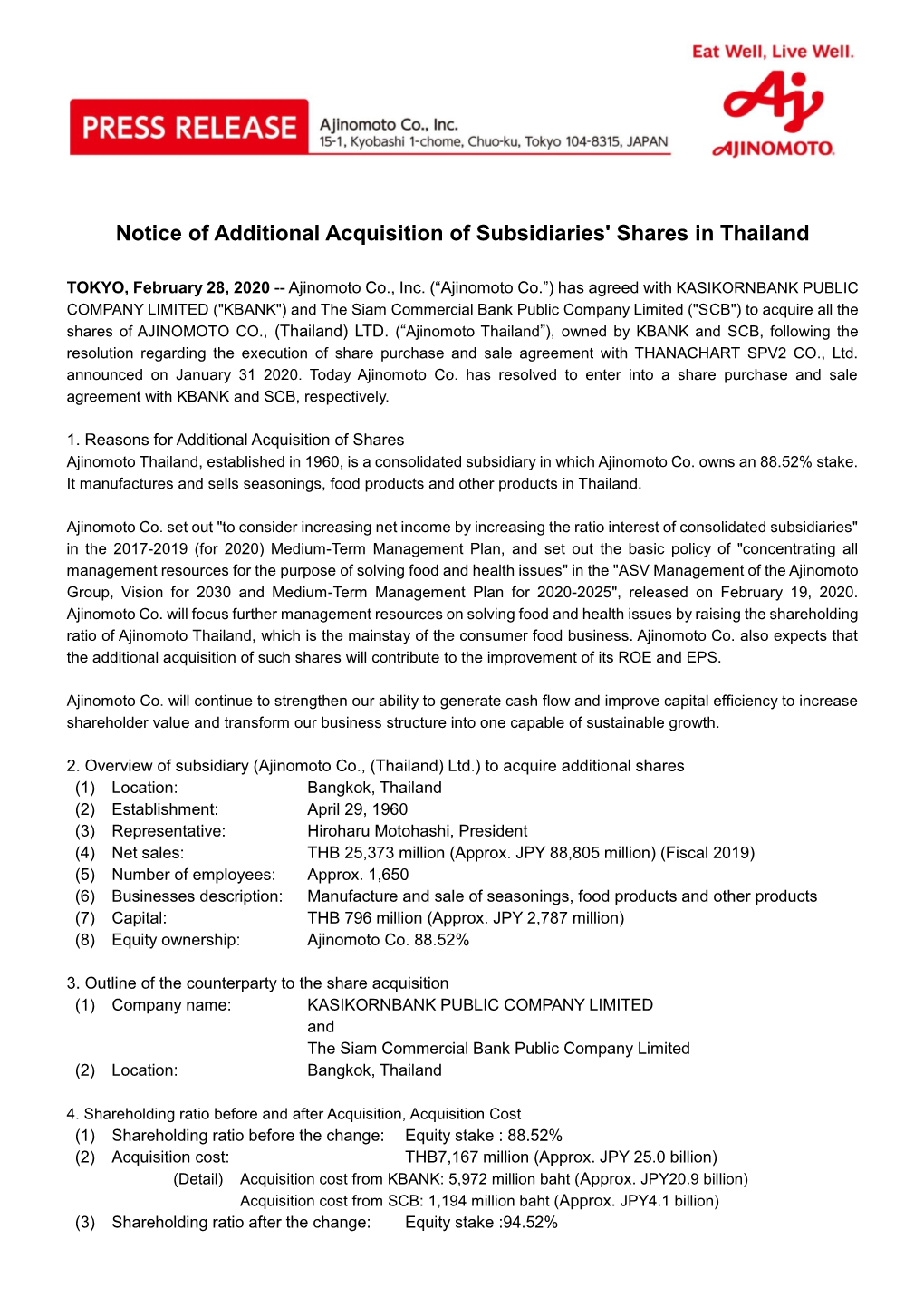 Notice of Additional Acquisition of Subsidiaries' Shares in Thailand