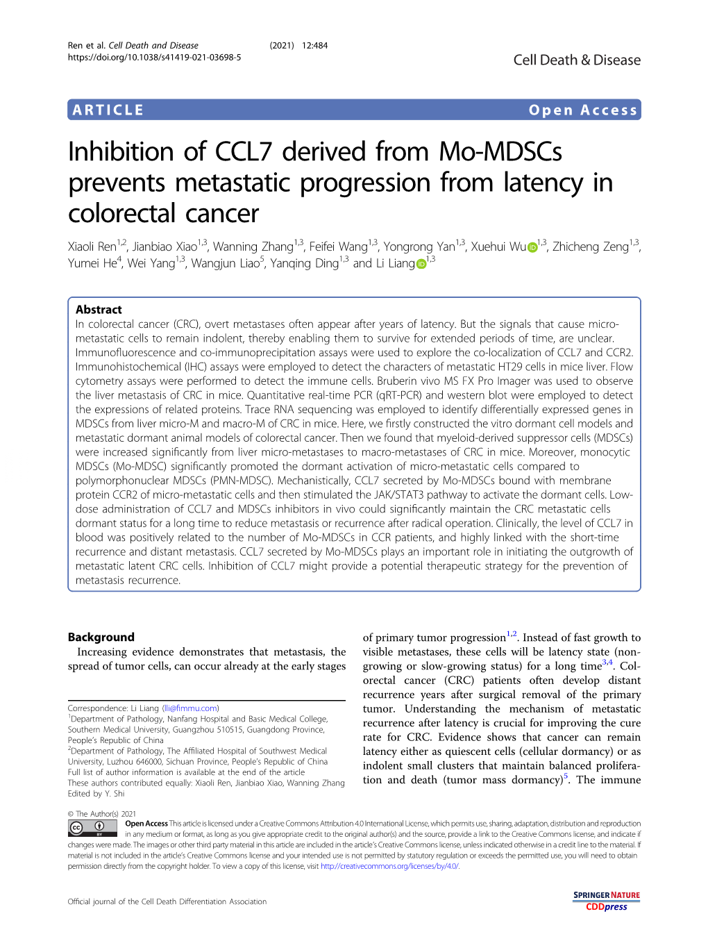 Inhibition of CCL7 Derived from Mo-Mdscs Prevents Metastatic