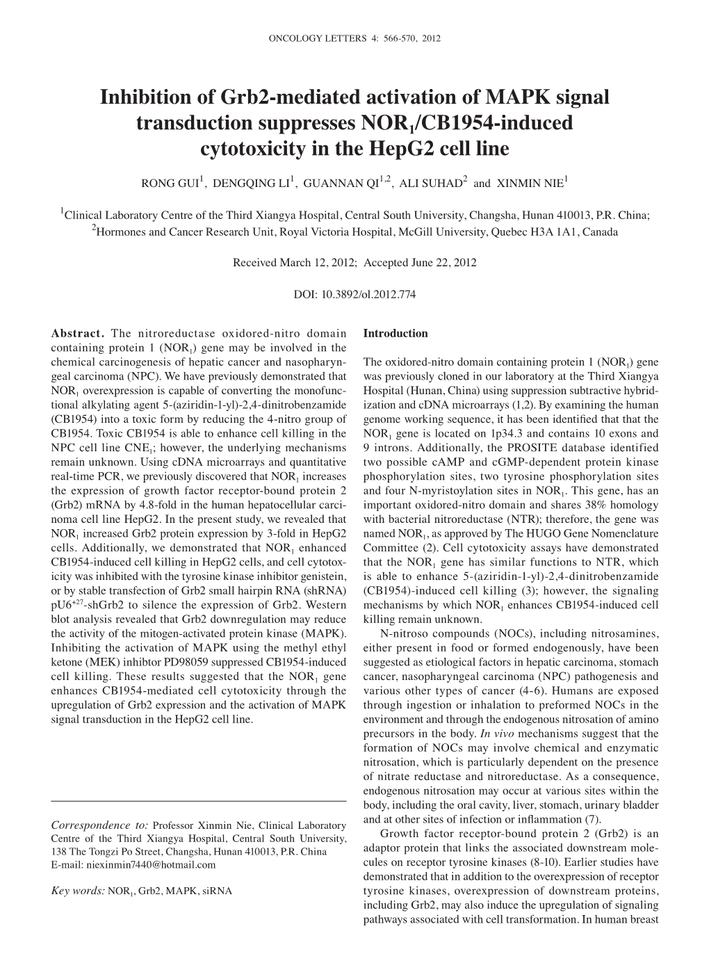 Inhibition of Grb2‑Mediated Activation of MAPK Signal Transduction