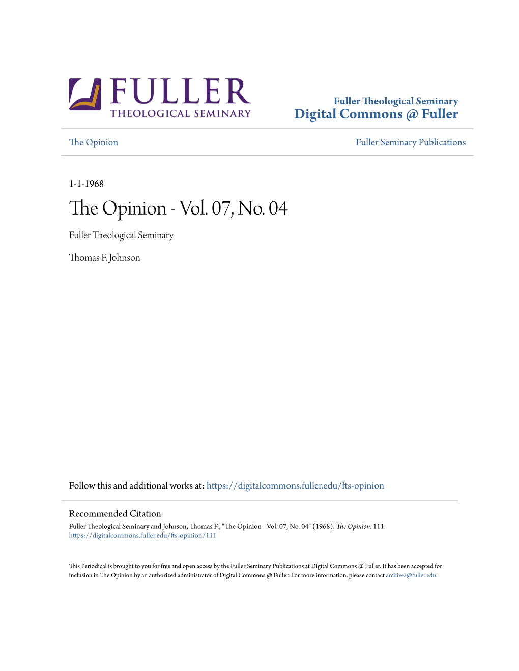 The Opinion Fuller Seminary Publications