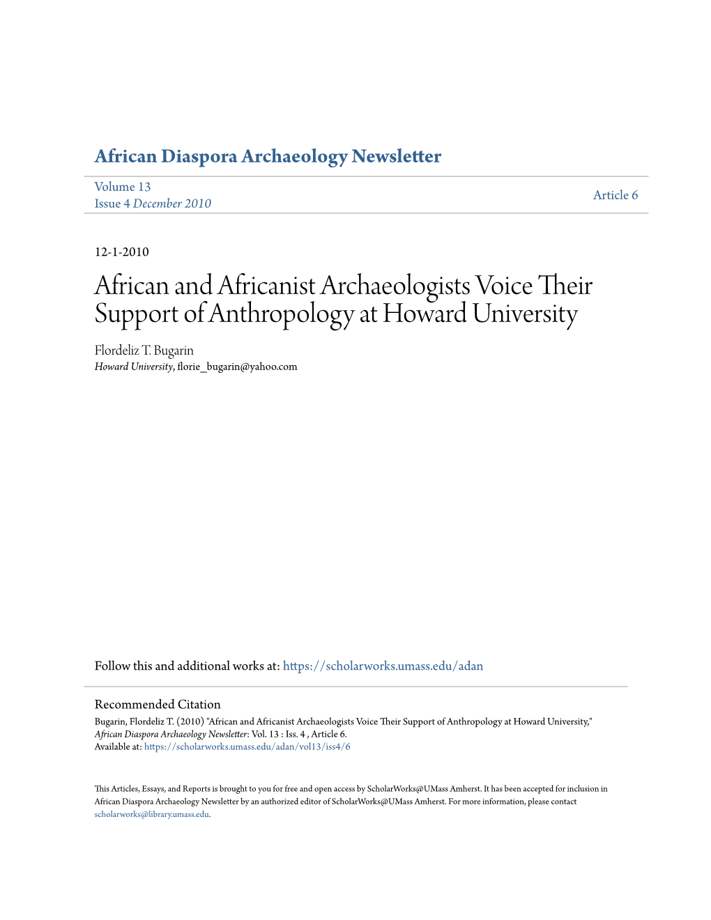 African and Africanist Archaeologists Voice Their Support of Anthropology at Howard University Flordeliz T