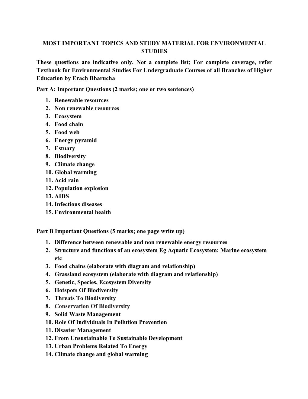 ENVIRONMENTAL STUDIES These Questions Are Indicative Only