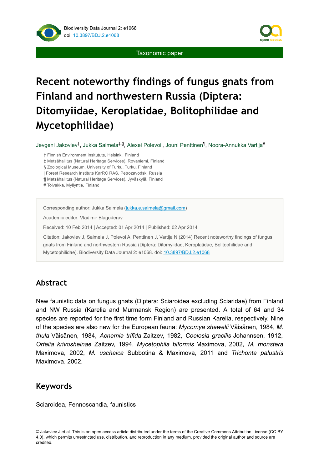 Recent Noteworthy Findings of Fungus Gnats from Finland and Northwestern Russia (Diptera: Ditomyiidae, Keroplatidae, Bolitophilidae and Mycetophilidae)