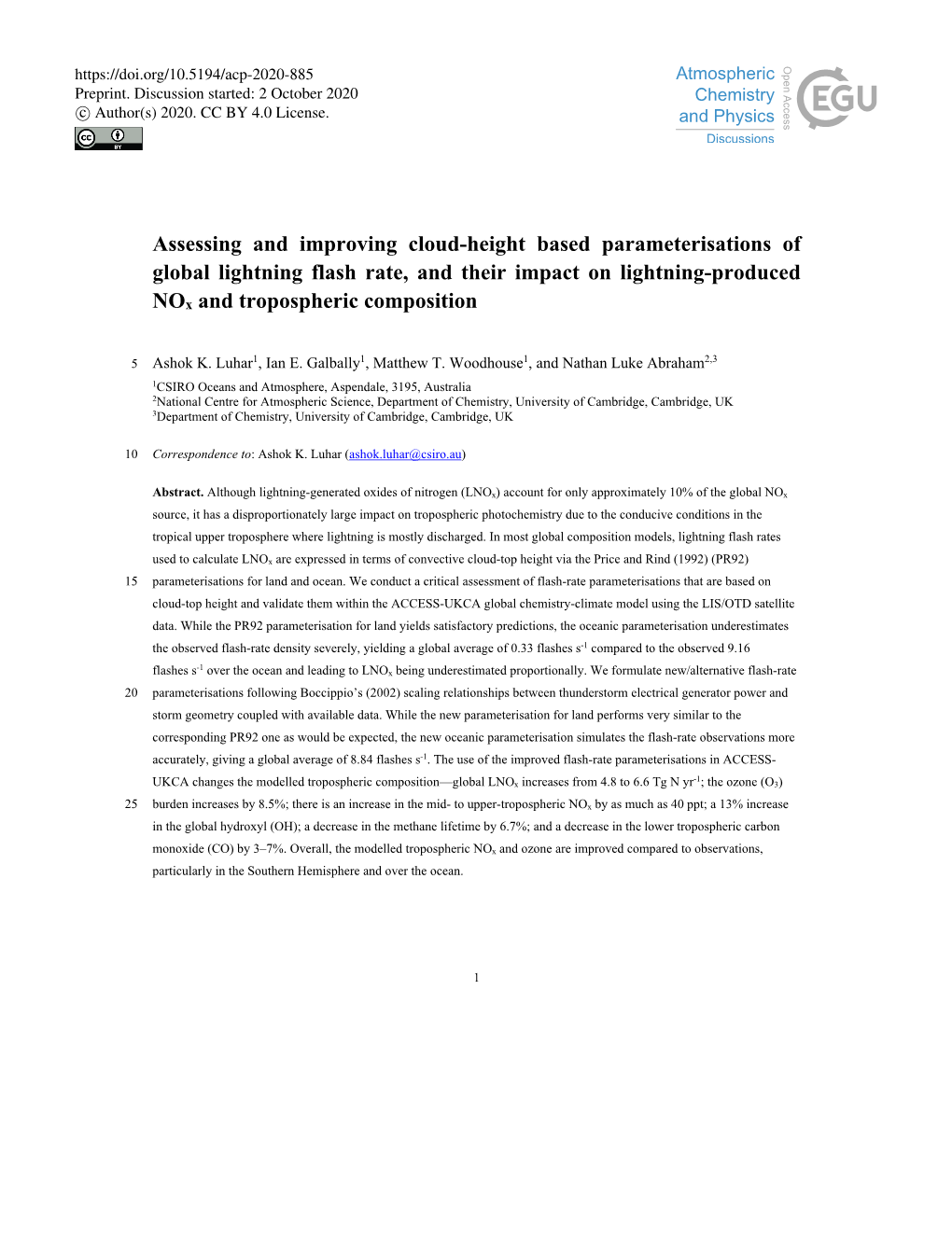 Assessing and Improving Cloud-Height Based Parameterisations of Global Lightning Flash Rate, and Their Impact on Lightning-Produced Nox and Tropospheric Composition