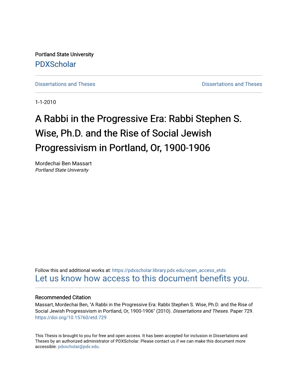 Rabbi Stephen S. Wise, Ph.D. and the Rise of Social Jewish Progressivism in Portland, Or, 1900-1906