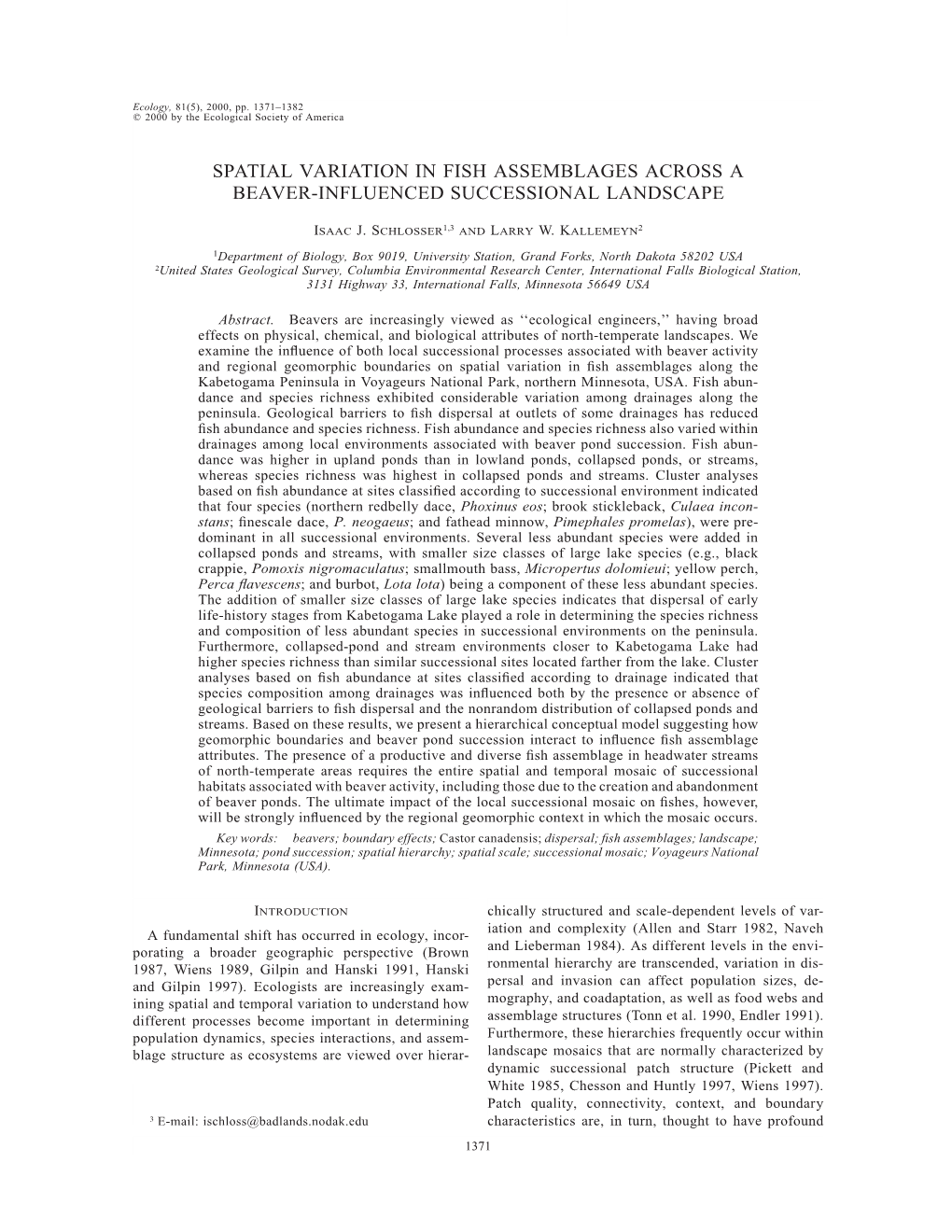 Spatial Variation in Fish Assemblages Across a Beaver-Influenced Successional Landscape