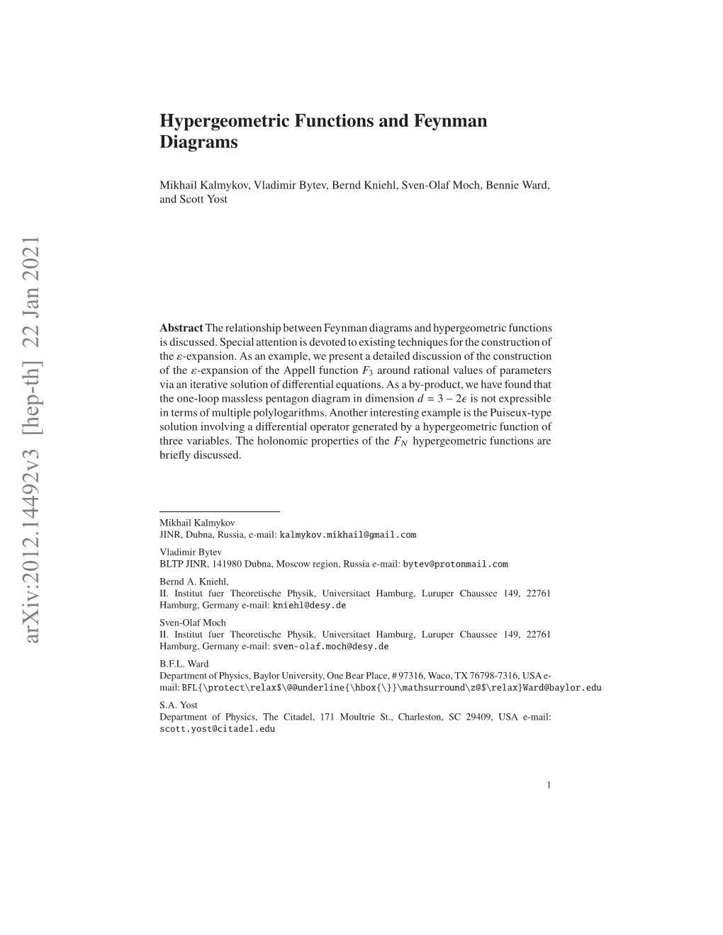 Hypergeometric Functions and Feynman Diagrams 3