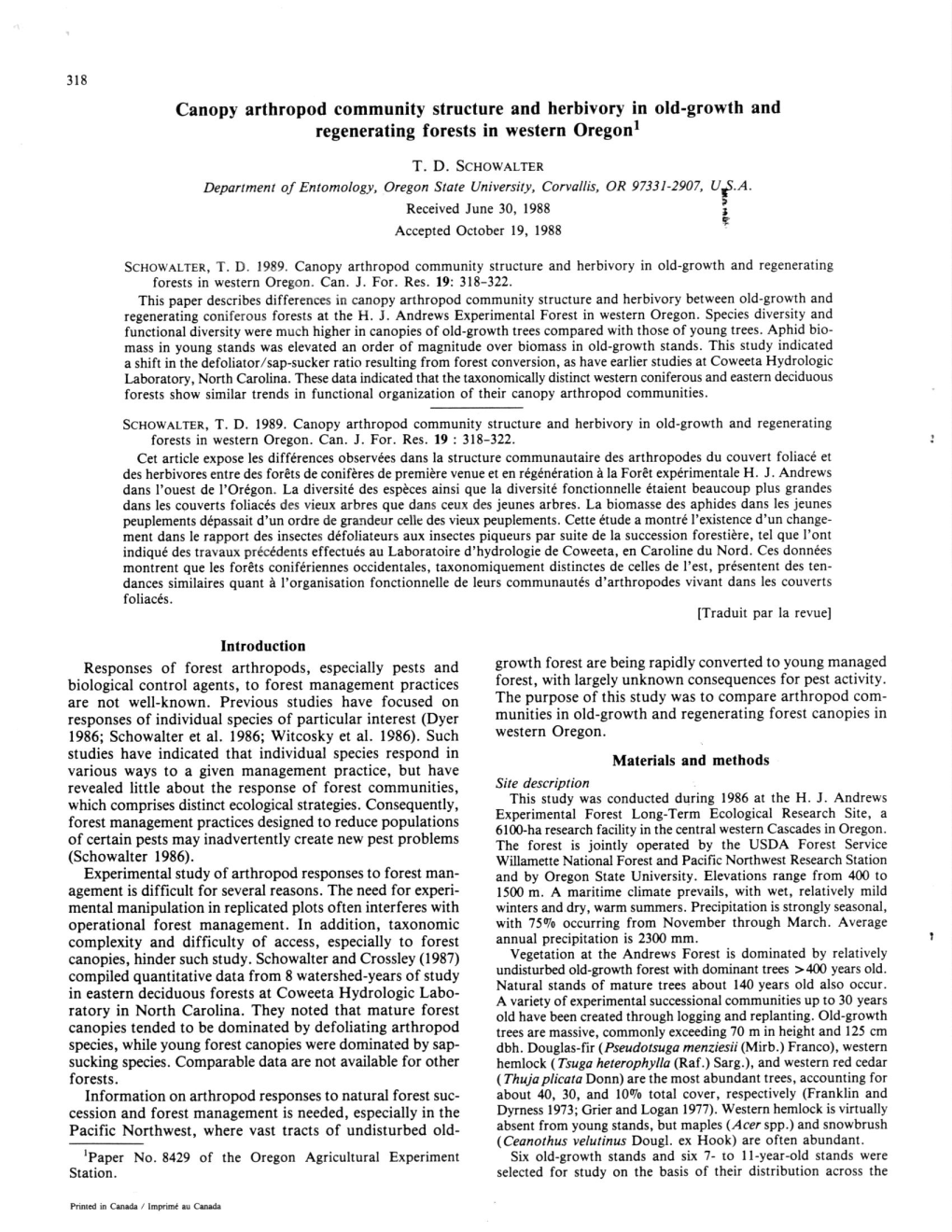 Canopy Arthropod Community Structure and Herbivory in Old-Growth and Regenerating Forests in Western Oregon