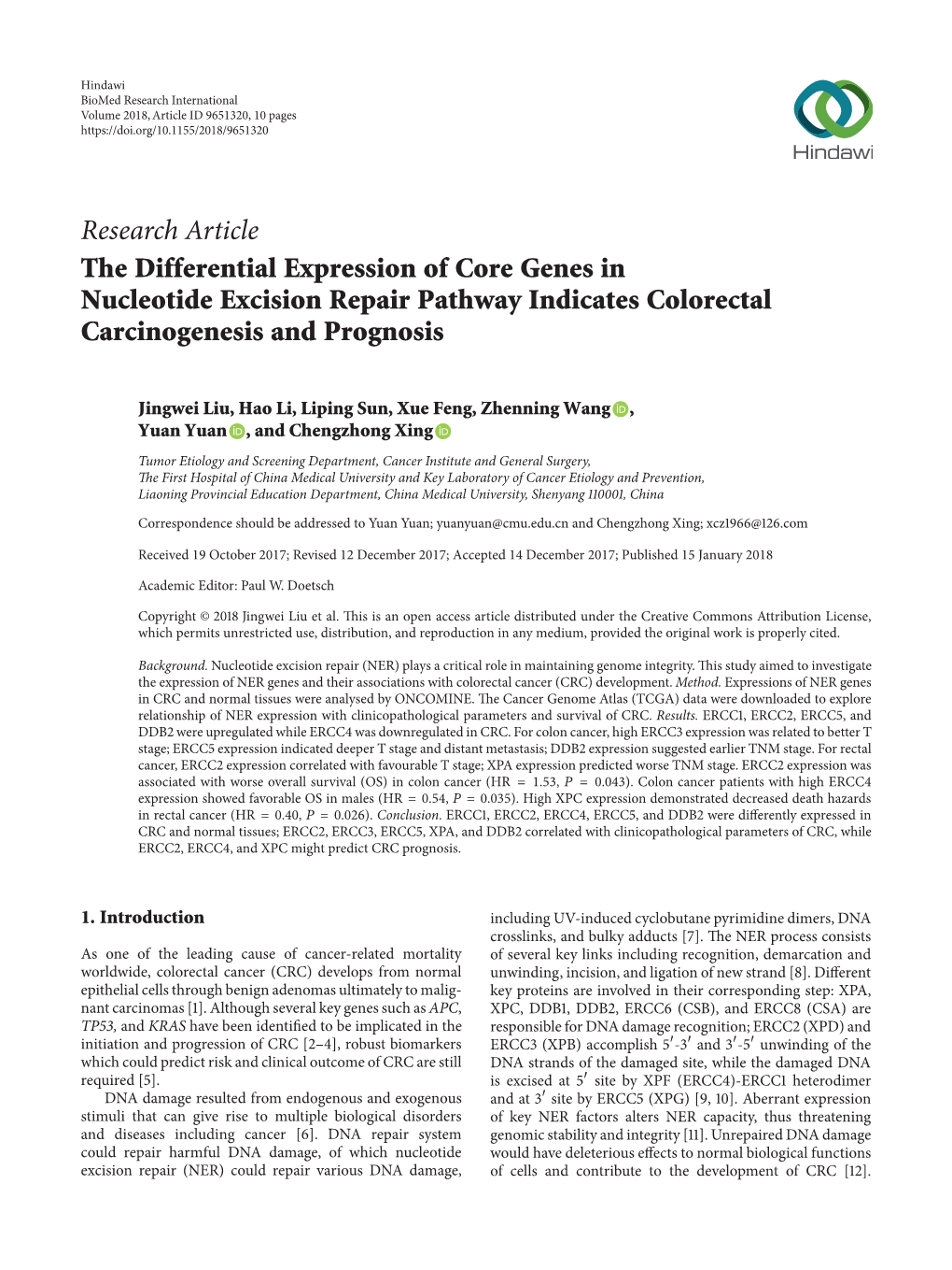 The Differential Expression of Core Genes in Nucleotide Excision Repair Pathway Indicates Colorectal Carcinogenesis and Prognosis