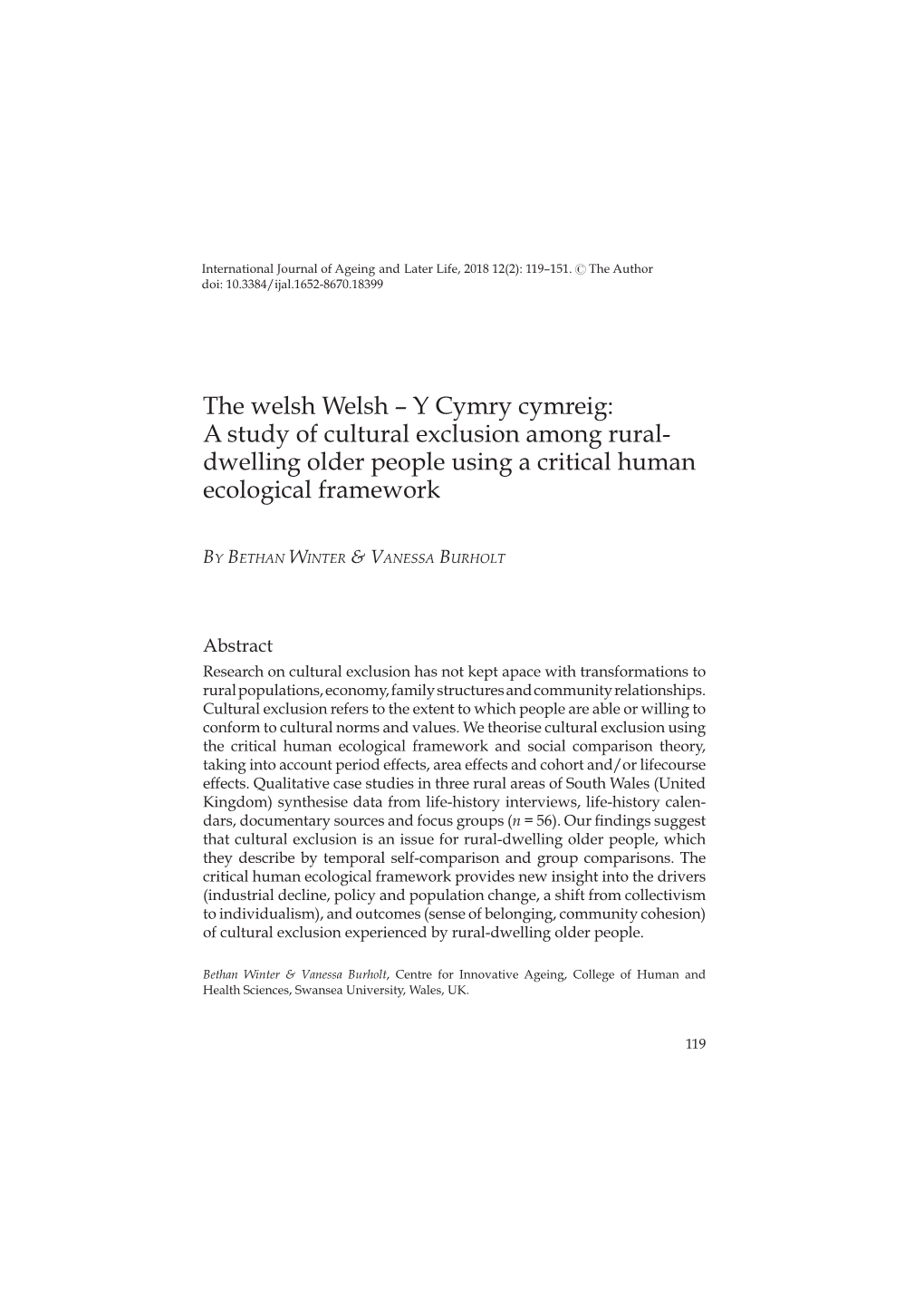 The Welsh Welsh – Y Cymry Cymreig: a Study of Cultural Exclusion Among Rural- Dwelling Older People Using a Critical Human Ecological ­Framework
