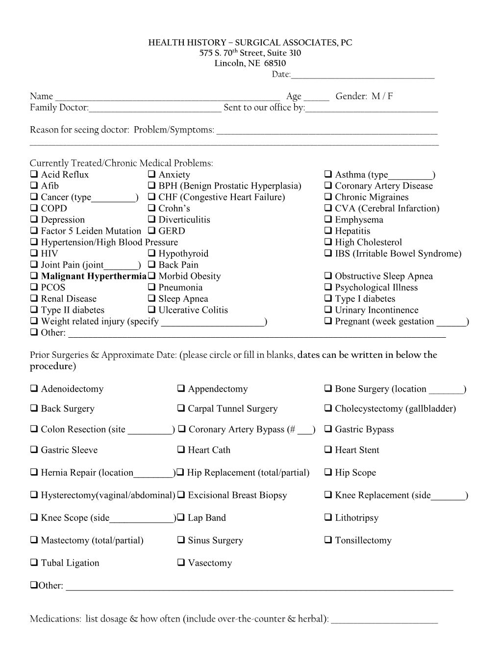 Health History – Surgical Associates, Pc 575 S