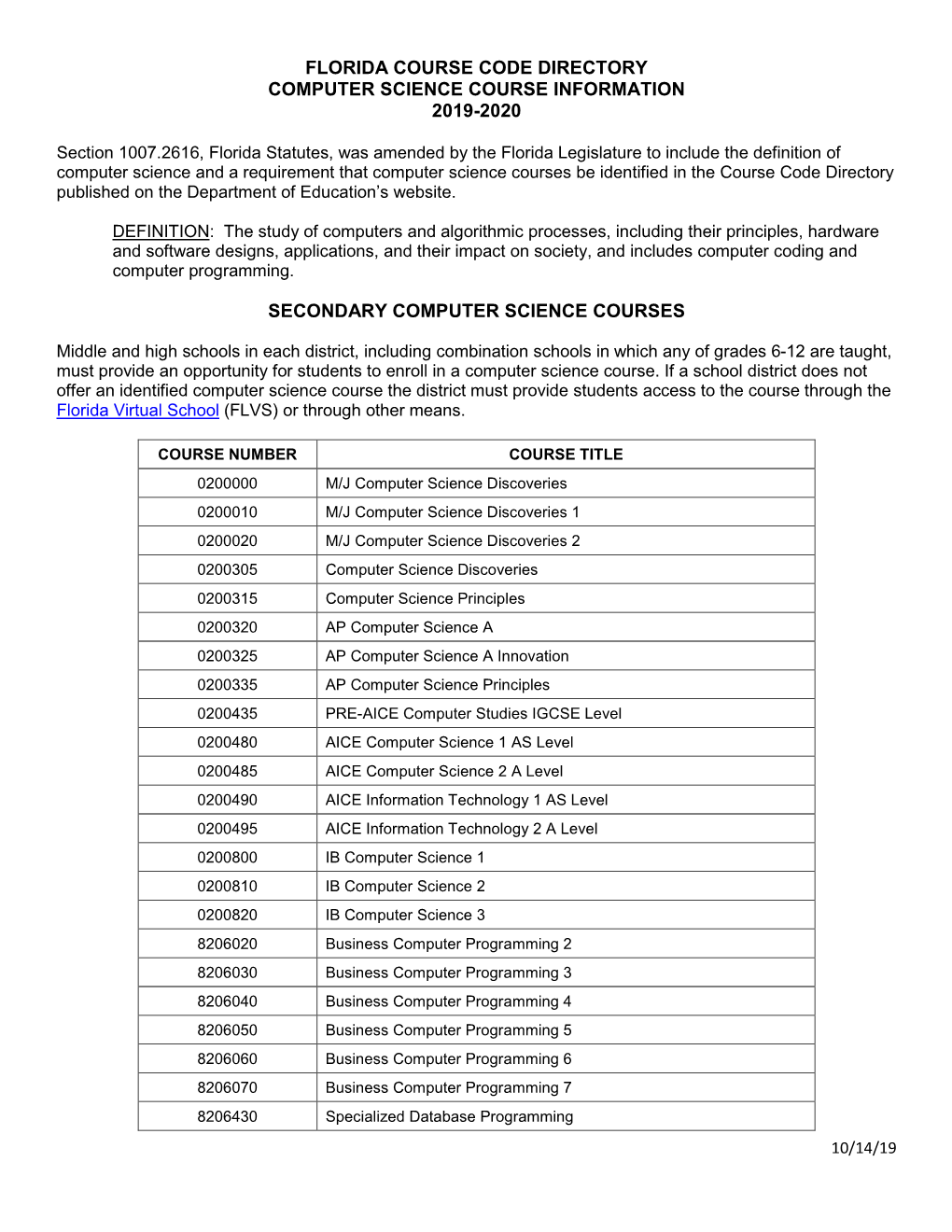 Florida Course Code Directory Computer Science Course Information 2019-2020