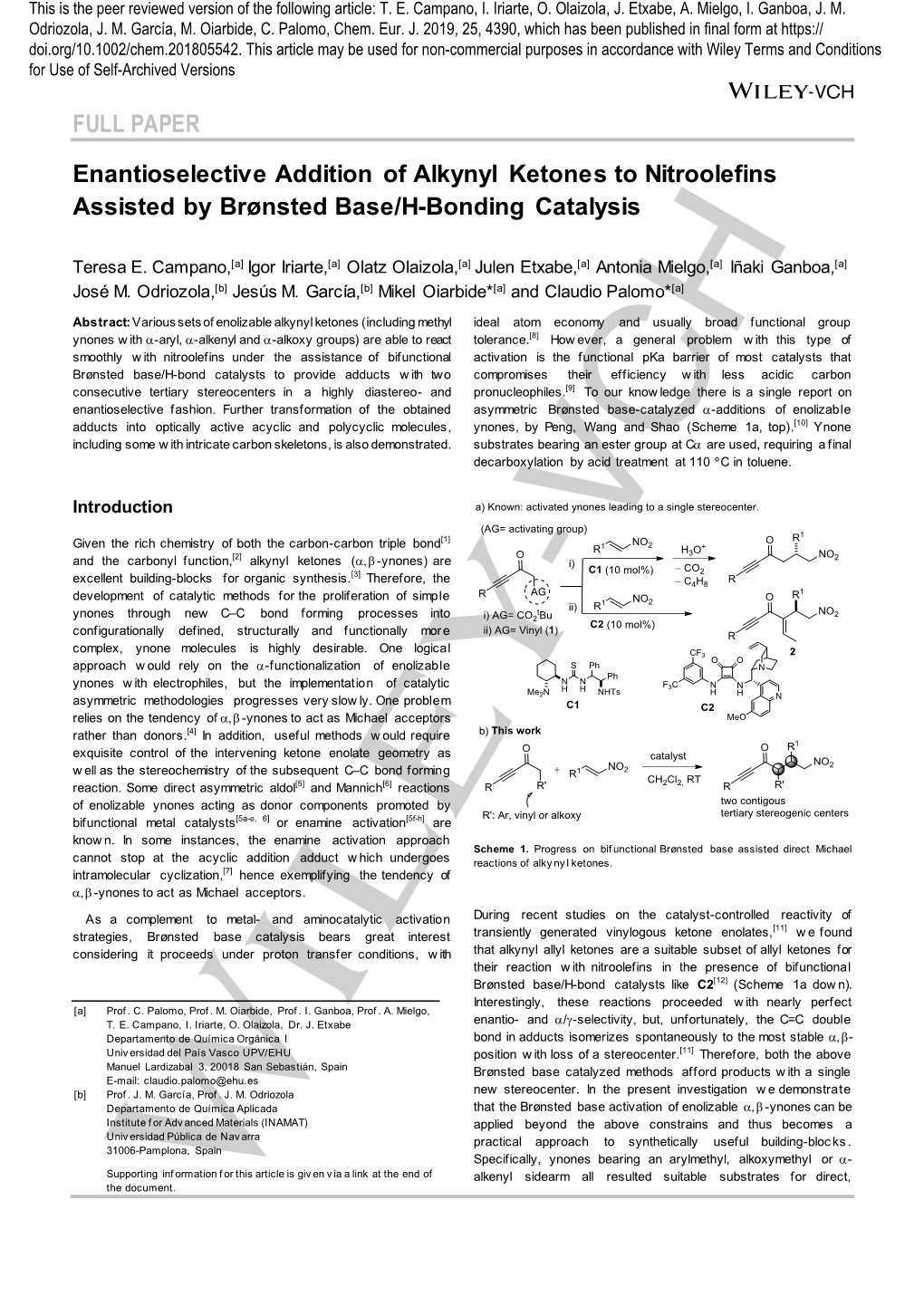 FULL PAPER Enantioselective Addition of Alkynyl Ketones To