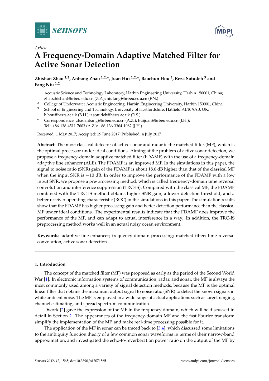 A Frequency-Domain Adaptive Matched Filter for Active Sonar Detection