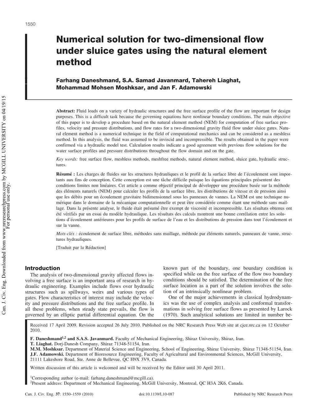 Numerical Solution for Two-Dimensional Flow Under Sluice Gates Using the Natural Element Method