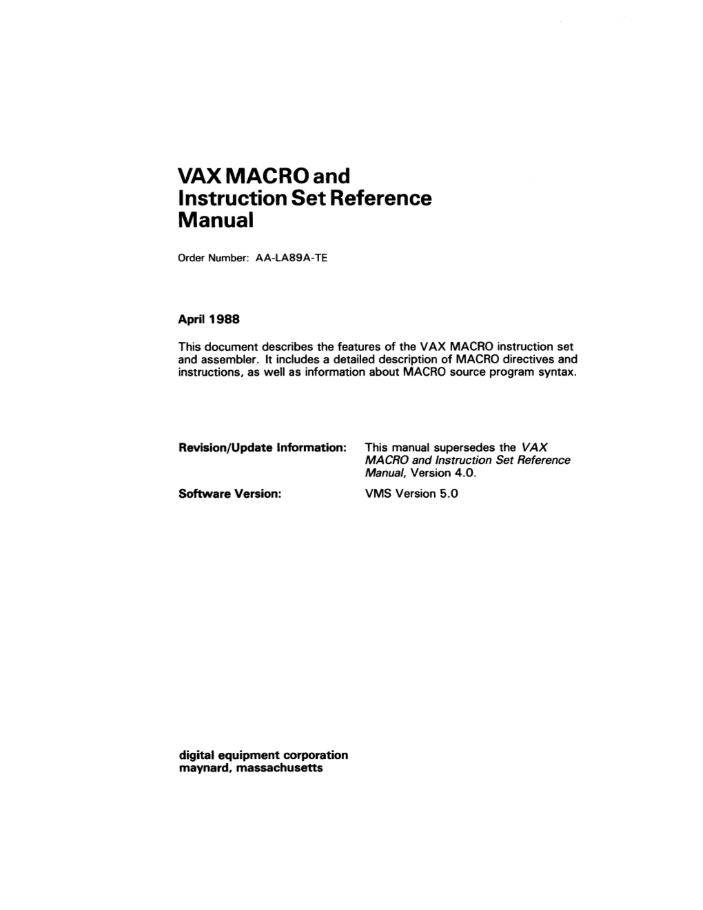 VAX MACRO and Instruction Set Reference Manual