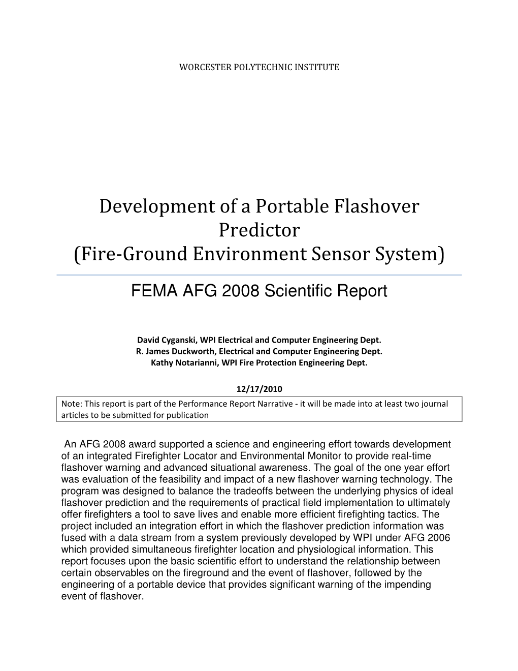 Development of a Portable Flashover Predictor (Fire-Ground Environment Sensor System) FEMA AFG 2008 Scientific Report