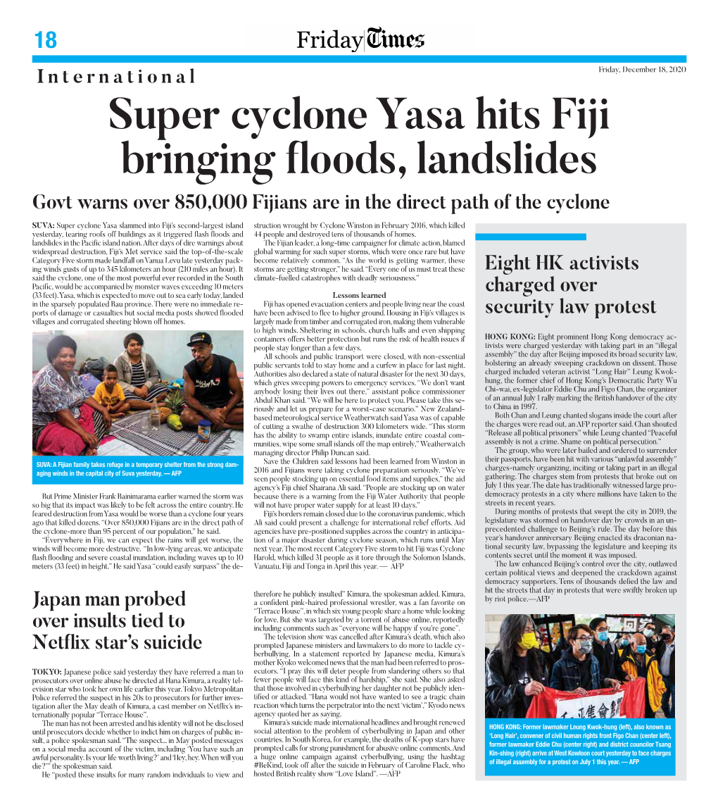 Super Cyclone Yasa Hits Fiji Bringing Floods, Landslides Govt Warns Over 850,000 Fijians Are in the Direct Path of the Cyclone