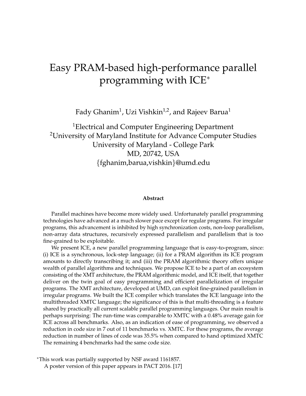 Easy PRAM-Based High-Performance Parallel Programming with ICE∗