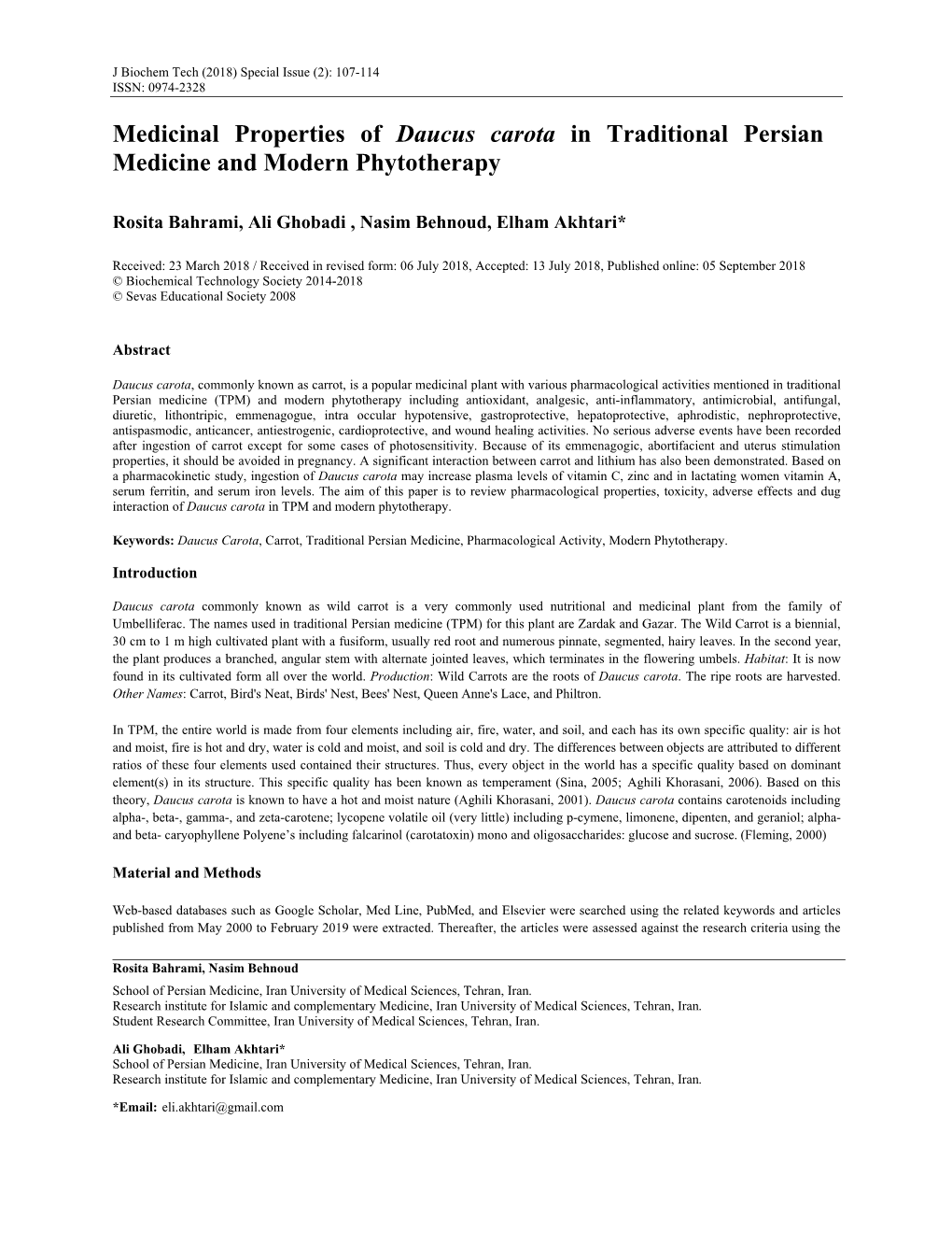 Medicinal Properties of Daucus Carota in Traditional Persian Medicine and Modern Phytotherapy