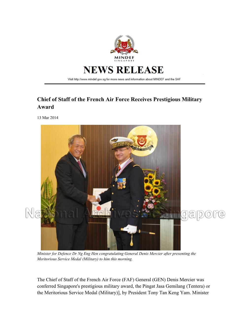 Chief of Staff of the French Air Force Receives Prestigious Military Award