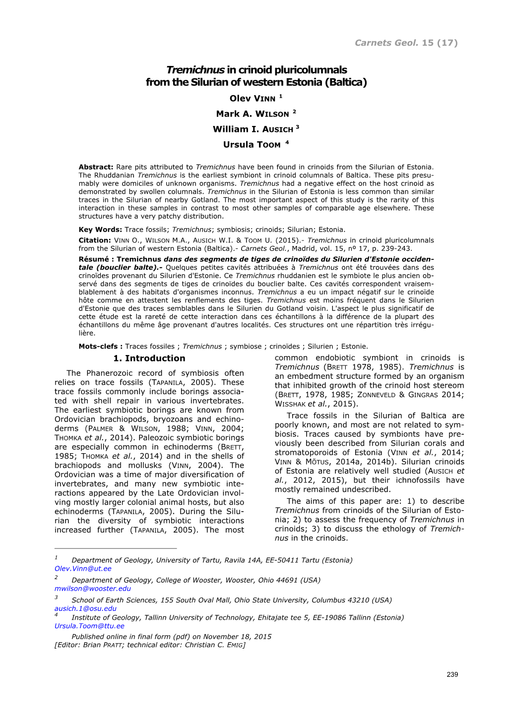 Tremichnus in Crinoid Pluricolumnals from the Silurian of Western Estonia (Baltica)