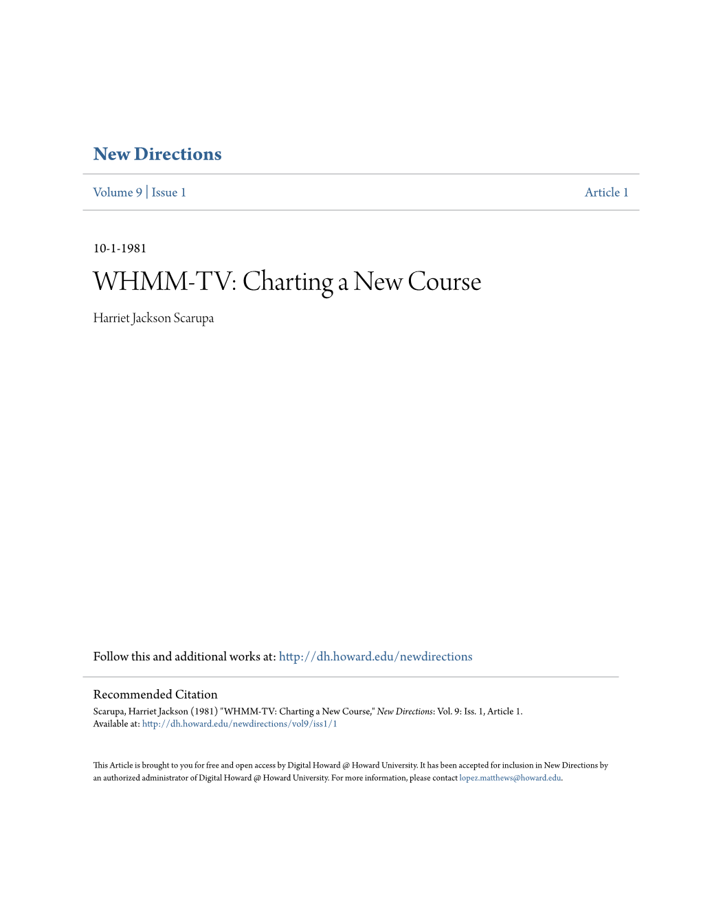 WHMM-TV: Charting a New Course Harriet Jackson Scarupa