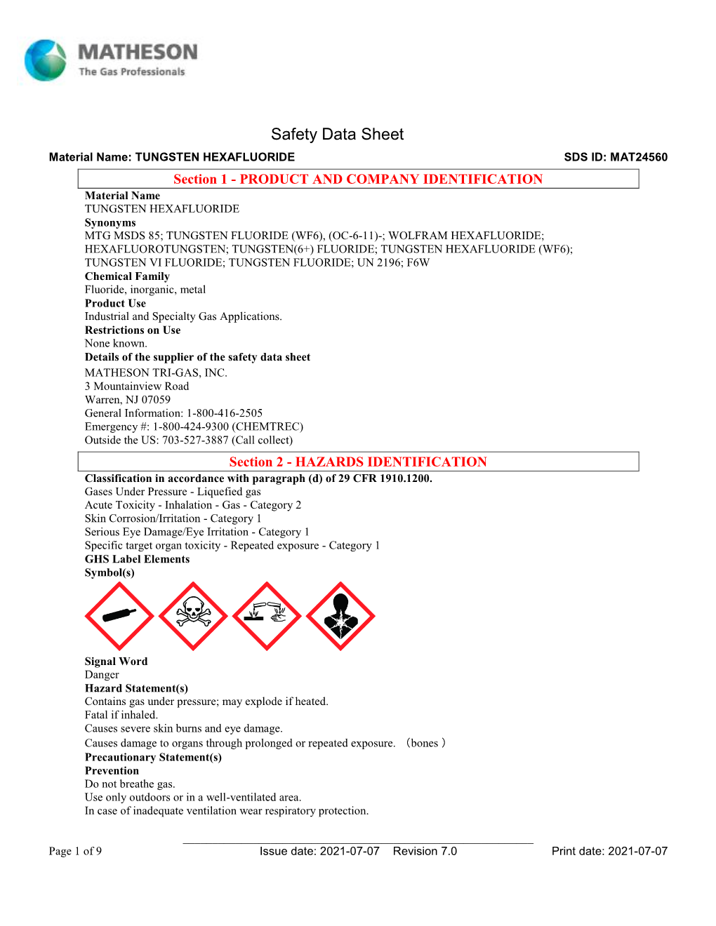 Safety Data Sheet Material Name: TUNGSTEN HEXAFLUORIDE SDS ID: MAT24560