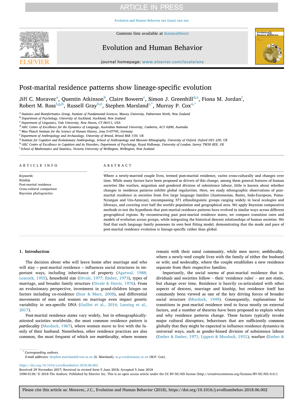 Post-Marital Residence Patterns Show Lineage-Specific Evolution