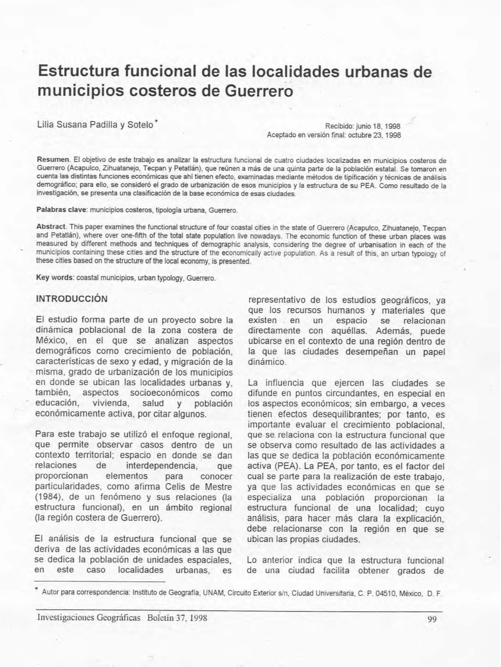 Estructura Funcional De Las Localidades Urbanas De Municipios Costeros De Guerrero