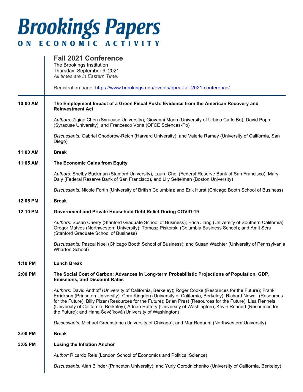 Fall 2021 Conference the Brookings Institution Thursday, September 9, 2021 All Times Are in Eastern Time