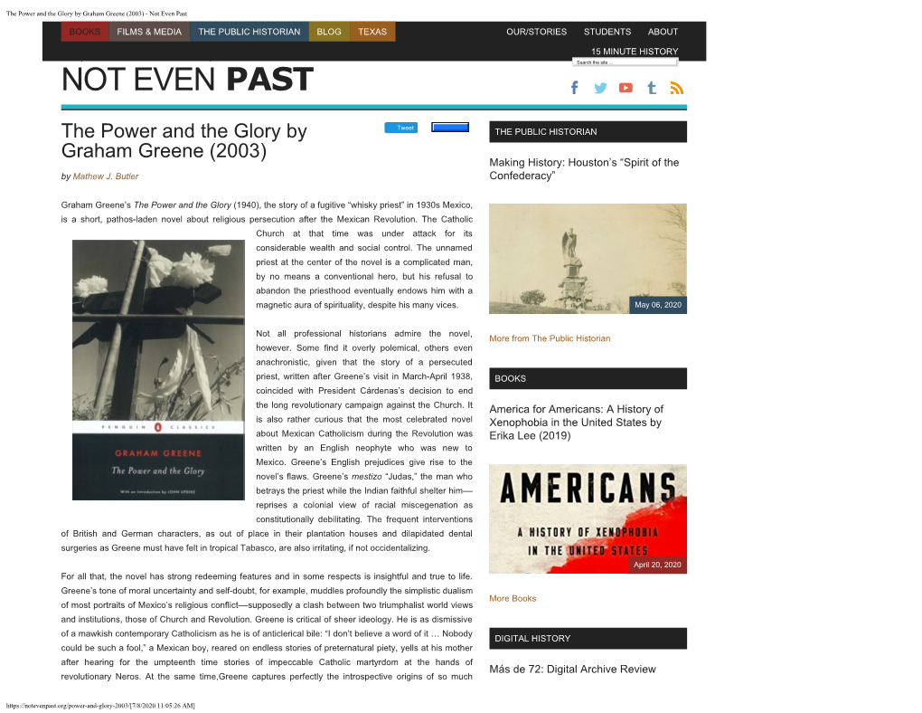 The Power and the Glory by Graham Greene (2003) - Not Even Past