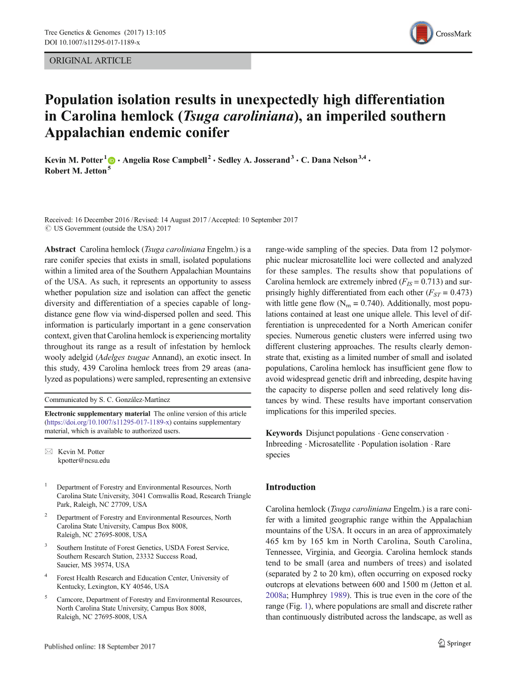 Population Isolation Results in Unexpectedly High Differentiation in Carolina Hemlock (Tsuga Caroliniana), an Imperiled Southern Appalachian Endemic Conifer