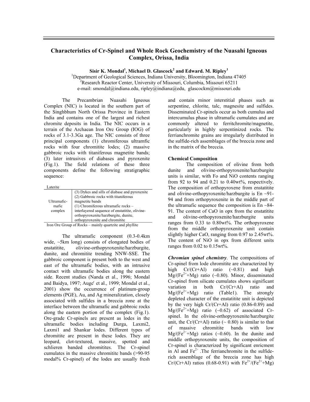 Characteristics of Cr-Spinel and Whole Rock Geochemistry of the Nuasahi Igneous Complex, Orissa, India