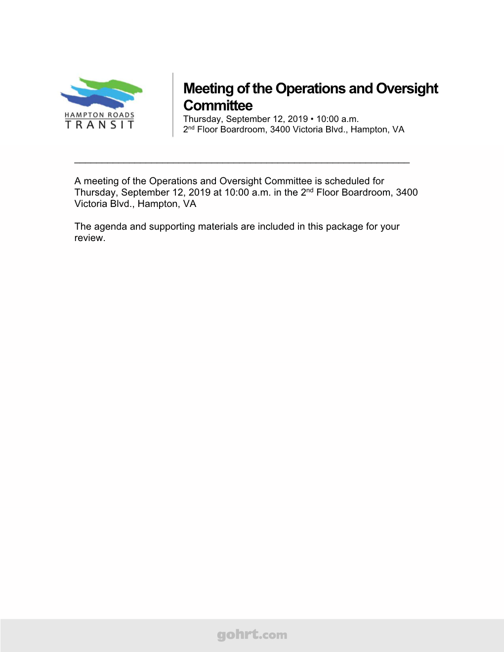 Meeting of the Operations and Oversight Committee Thursday, September 12, 2019 • 10:00 A.M