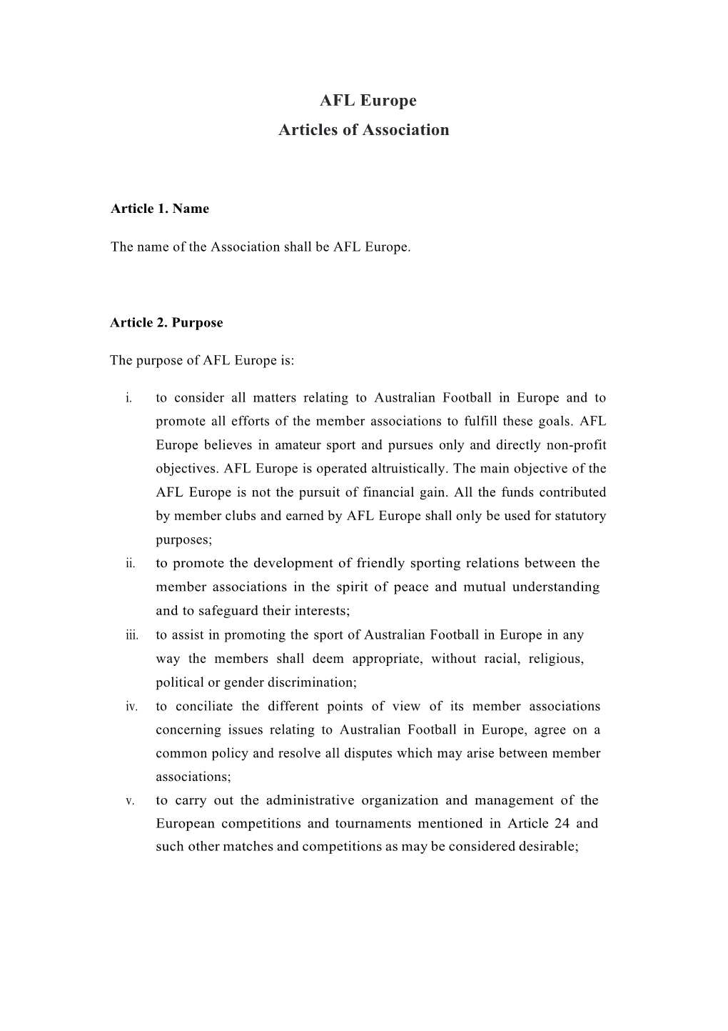 AFL Europe Articles of Association
