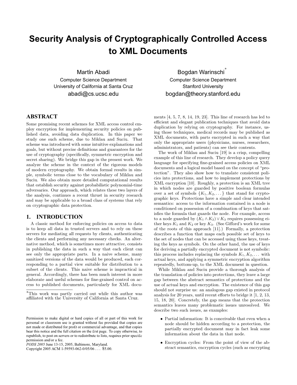 Security Analysis of Cryptographically Controlled Access to XML Documents