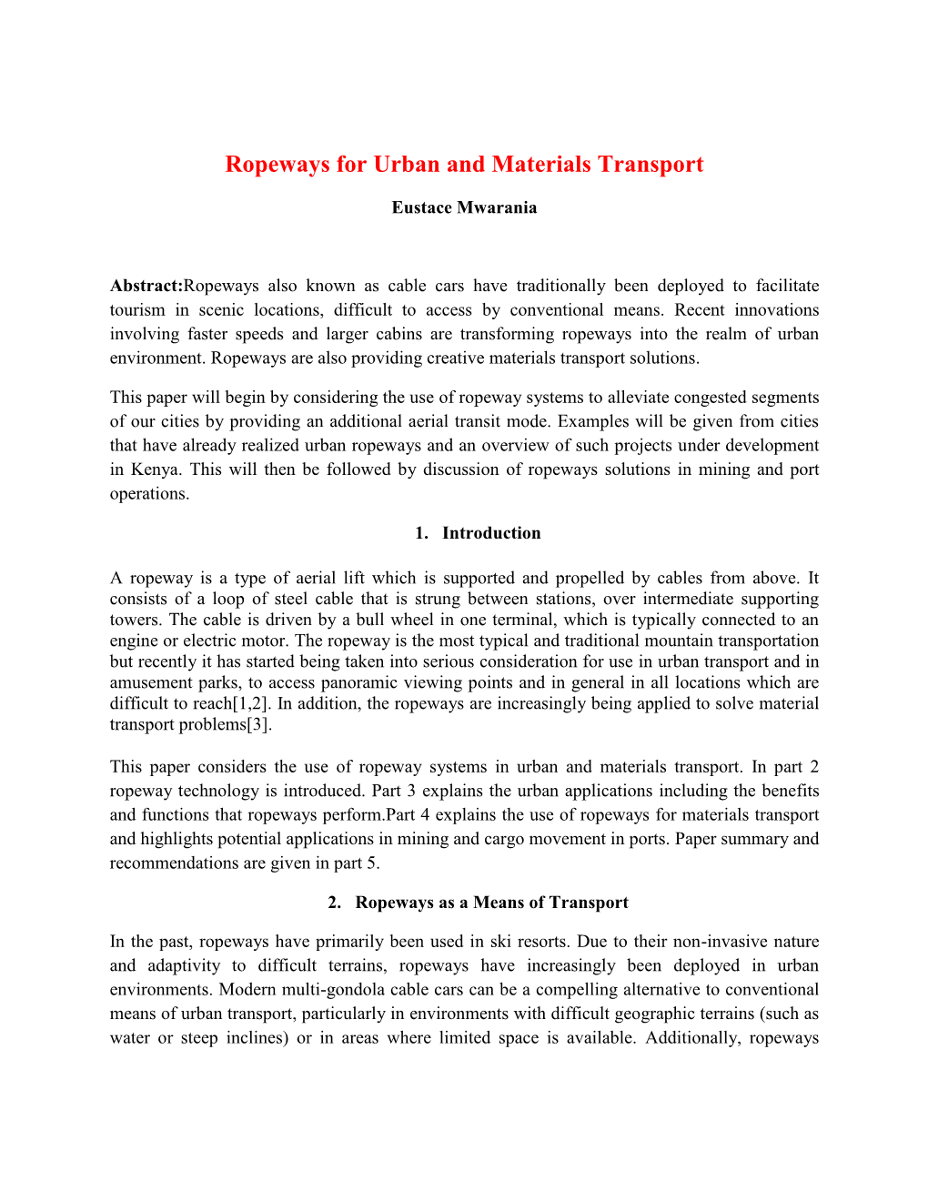 Ropeways for Urban and Materials Transport