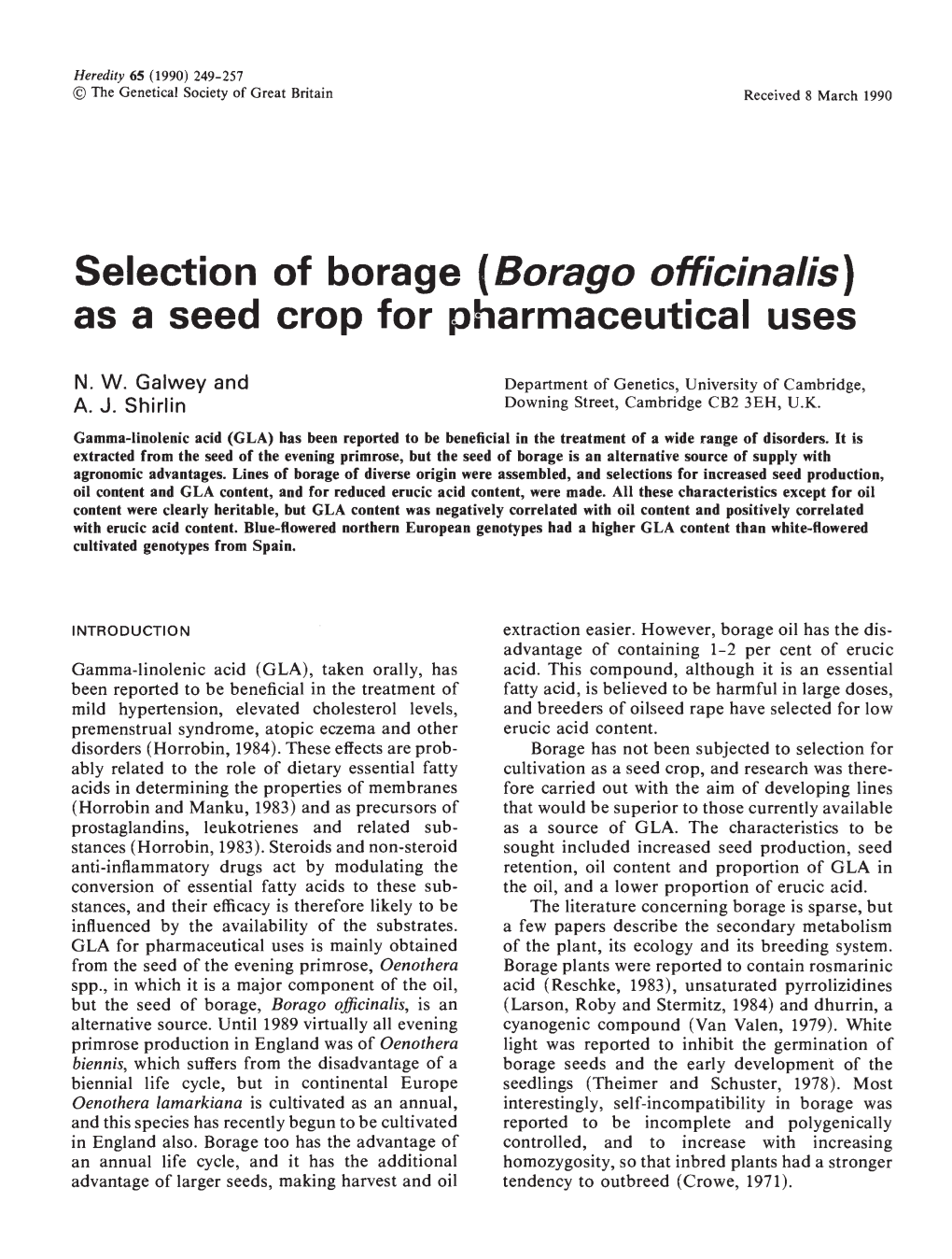 Selection of Borage (Borago Officinalis) As a Seed Crop for Pharmaceutical Uses