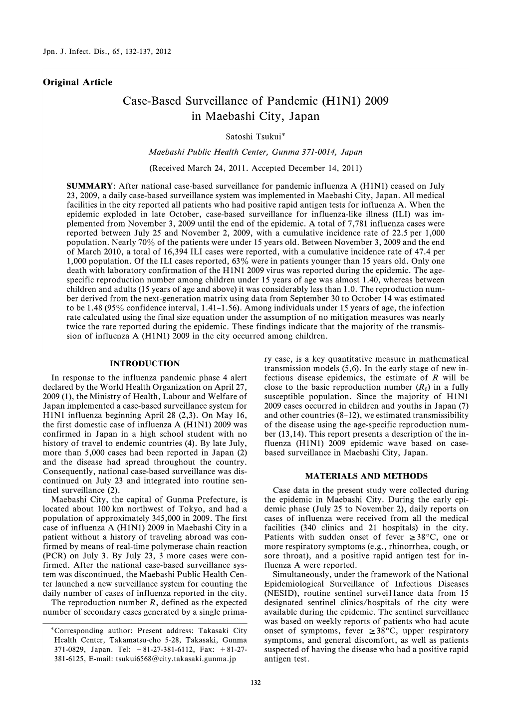 Case-Based Surveillance of Pandemic (H1N1) 2009 in Maebashi City, Japan