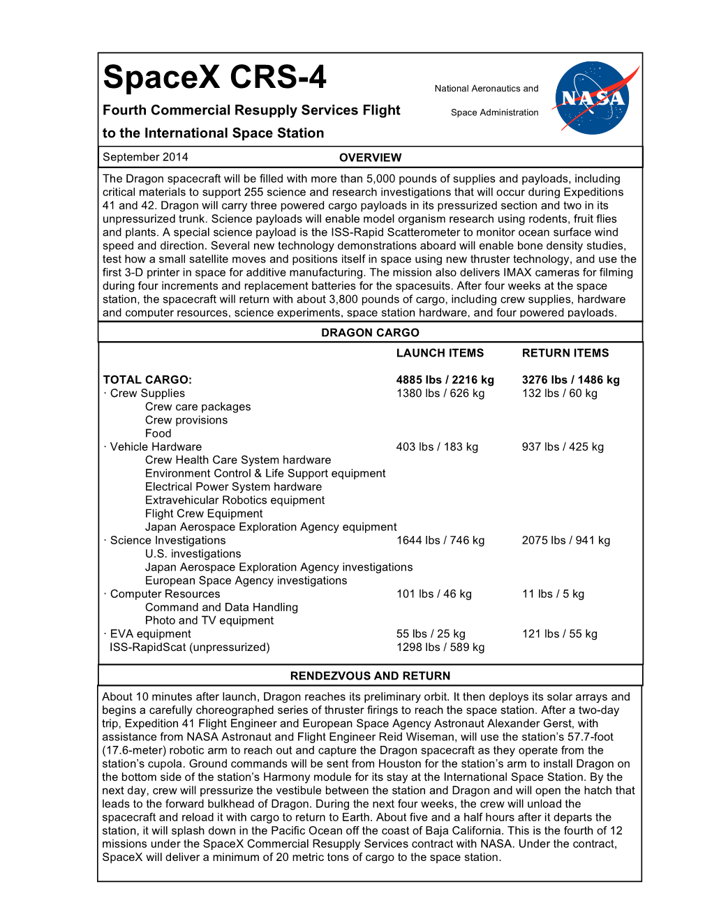 Spacex CRS-4 National Aeronautics and Fourth Commercial Resupply Services Flight Space Administration