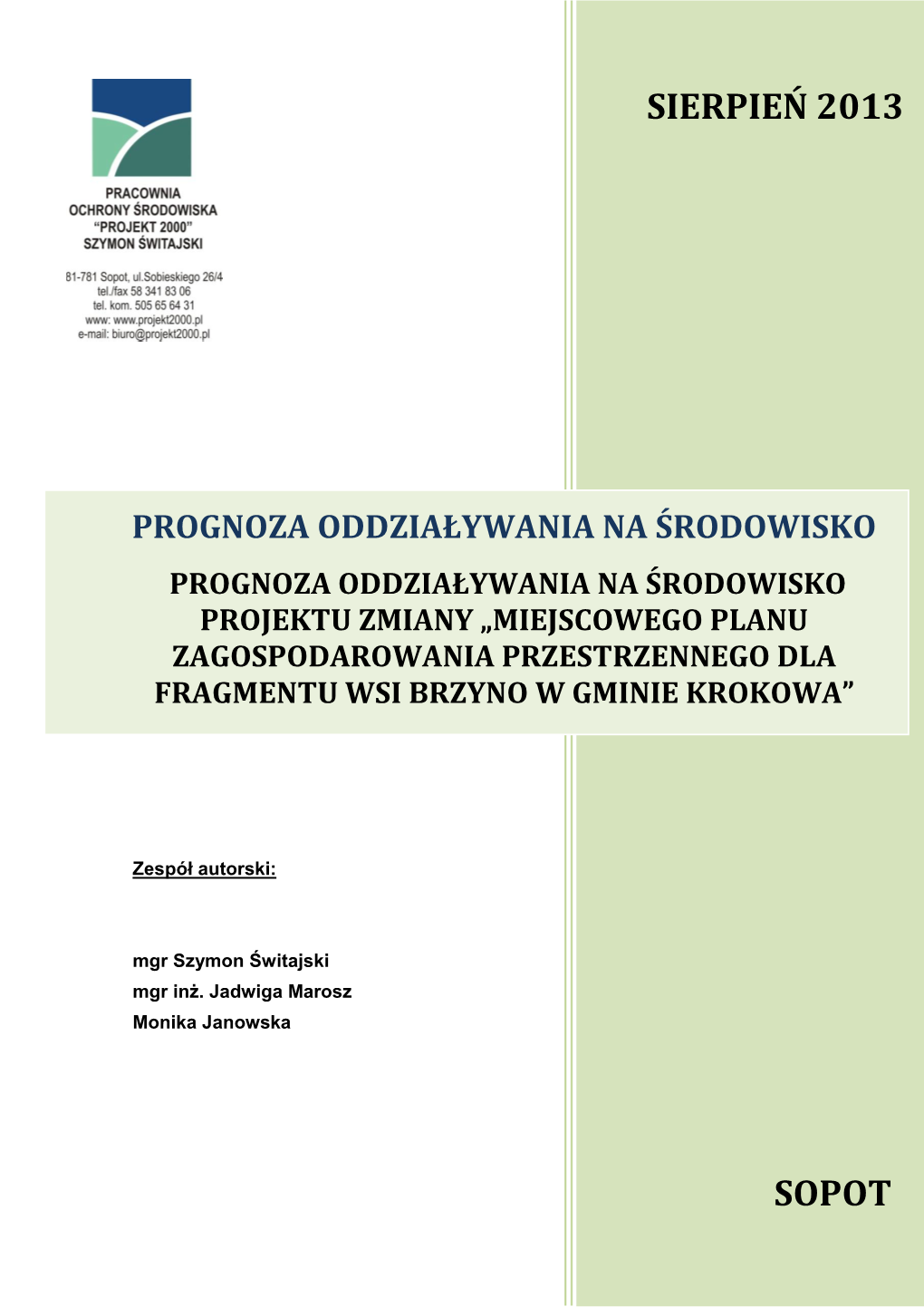 Prognoza Oddziaływania Na Środowisko