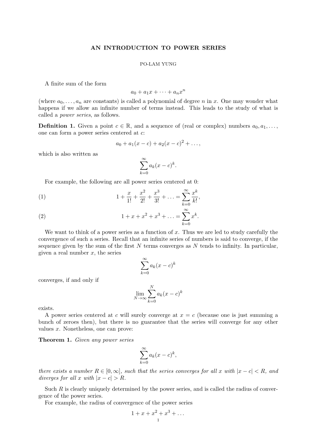 AN INTRODUCTION to POWER SERIES a Finite Sum of the Form A0