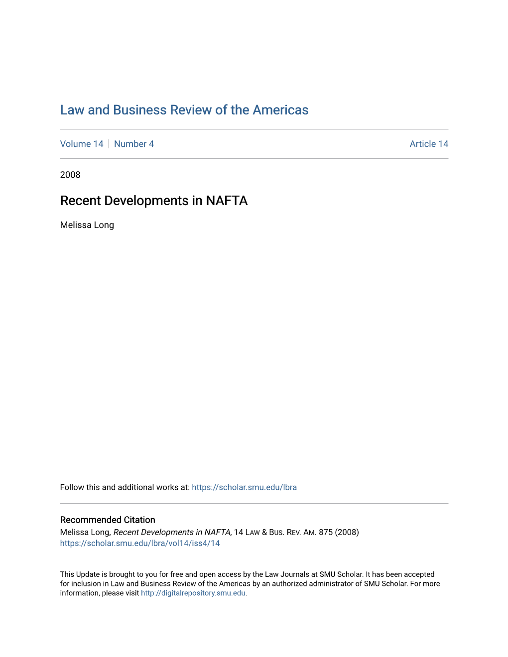 Recent Developments in NAFTA
