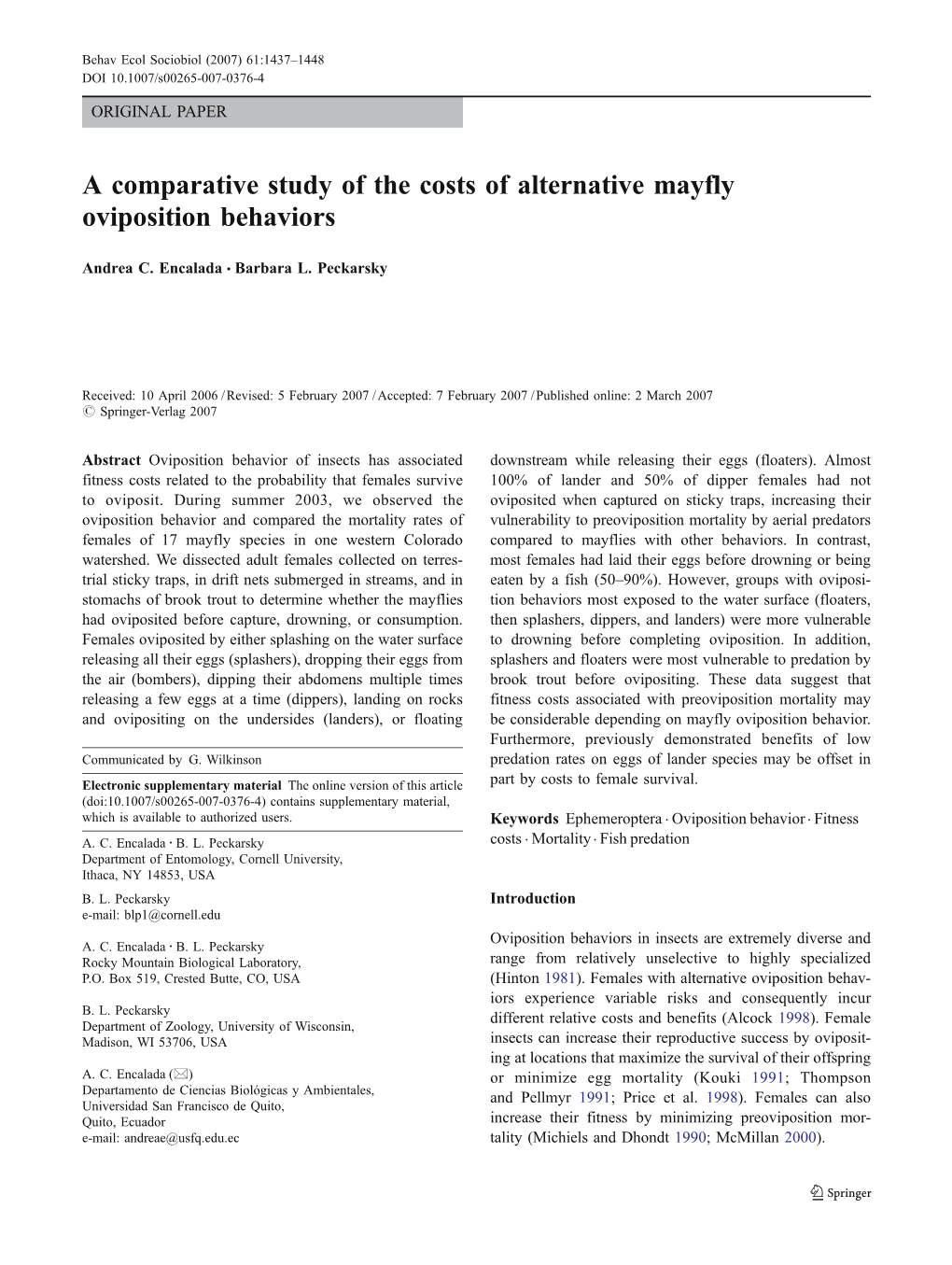 A Comparative Study of the Costs of Alternative Mayfly Oviposition Behaviors