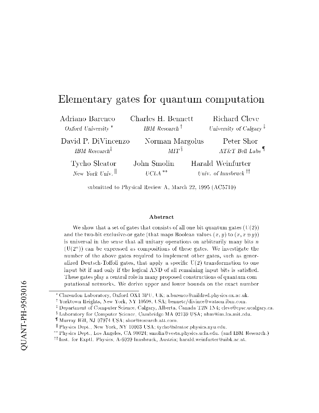 Elementary Gates for Quantum Computation