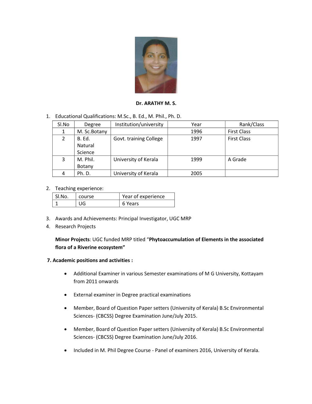 Dr. ARATHY M. S. 1. Educational Qualifications: M.Sc., B. Ed., M. Phil