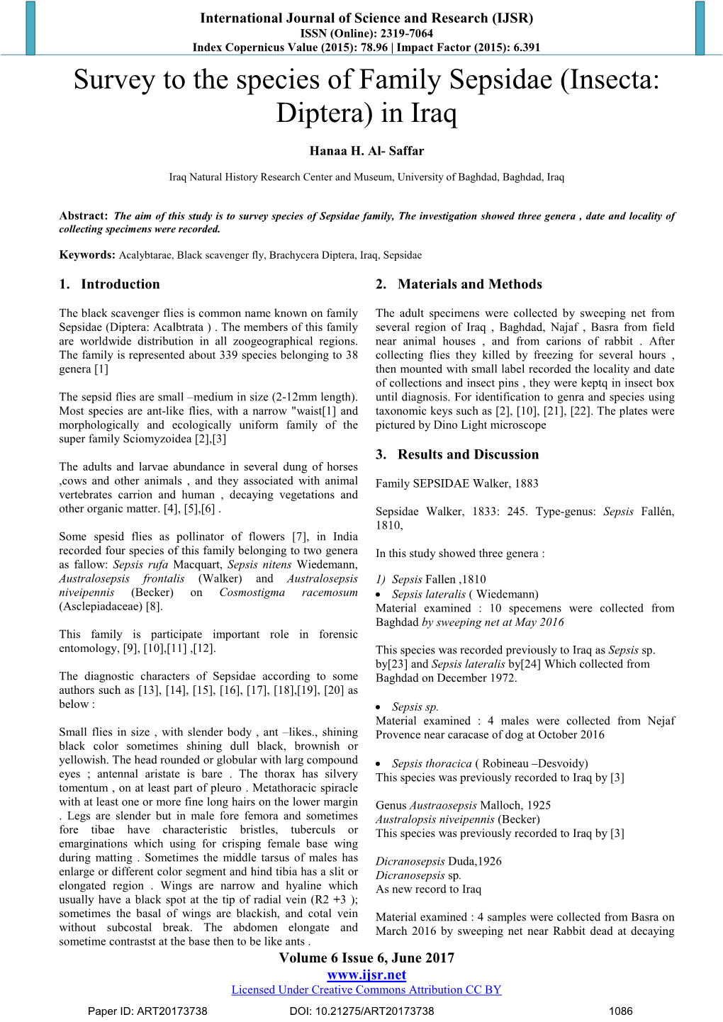 Survey to the Species of Family Sepsidae (Insecta: Diptera) in Iraq