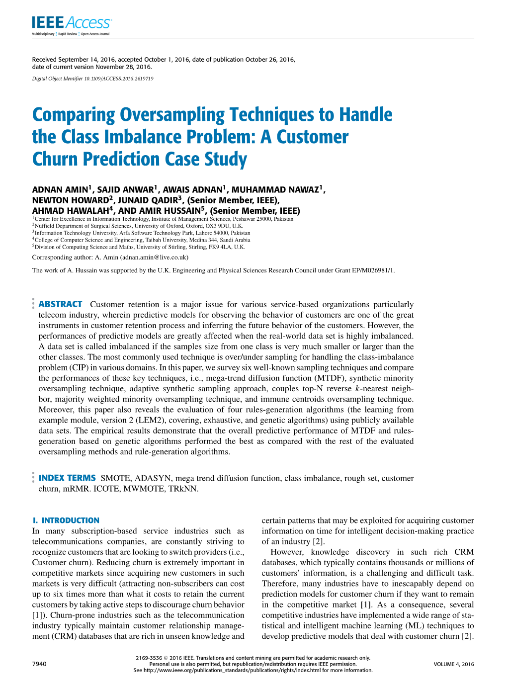 Comparing Oversampling Techniques to Handle the Class Imbalance Problem: a Customer Churn Prediction Case Study